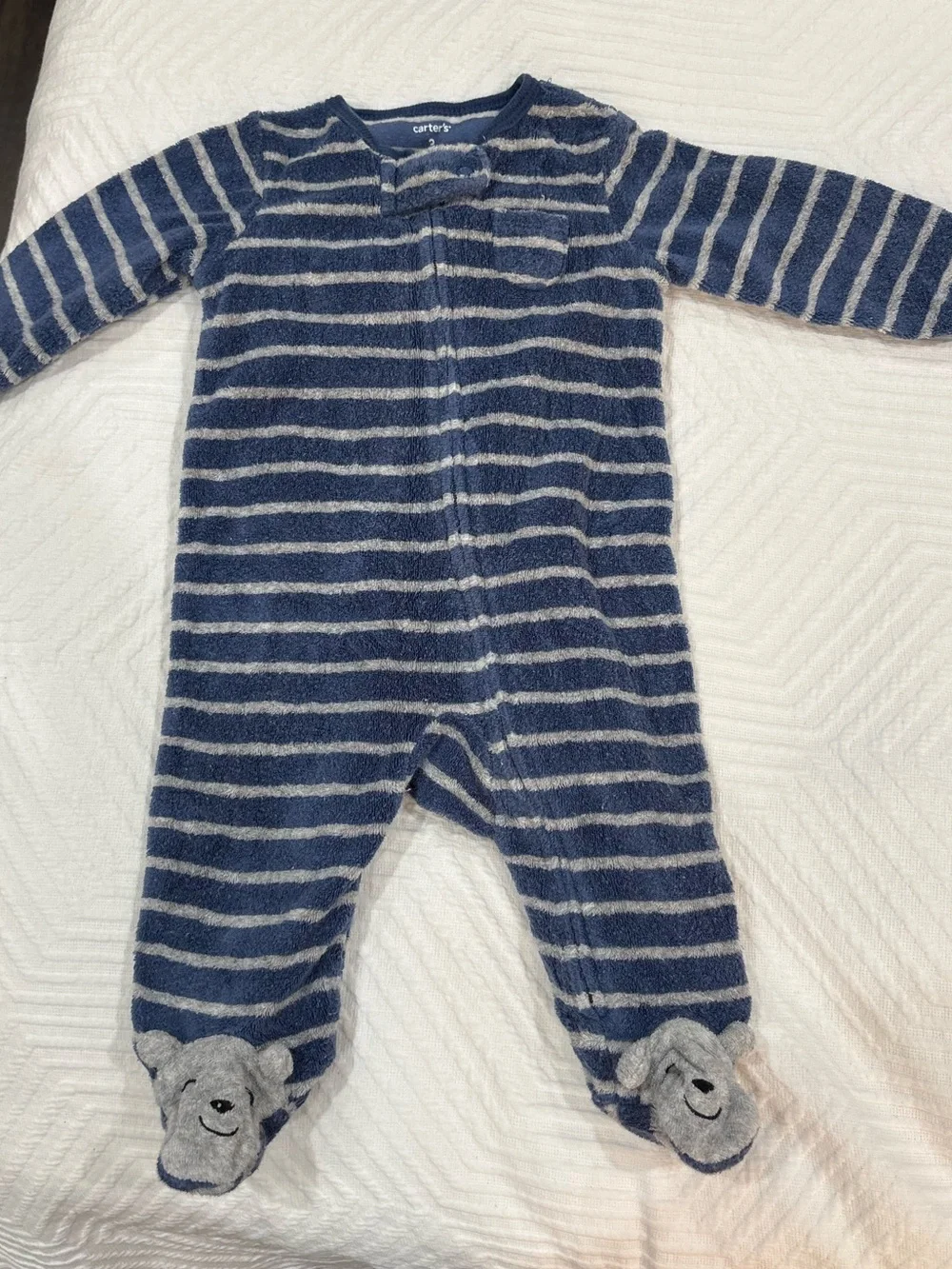 Carter's Blue and Gray Striped Plush Footed One-Piece